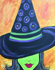 a painting of a woman wearing a black witches hat with green eyes and purple hair