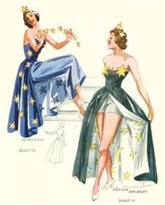 two women in dresses with stars on them, one is wearing a dress and the other has