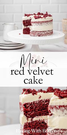 a red velvet cake with white frosting on top and the words, mini red velvet cake