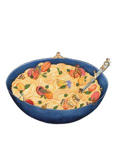 a painting of pasta in a blue pan on a white background with the lid open