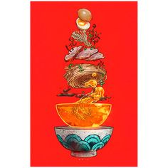 a painting of food in a bowl on a red background