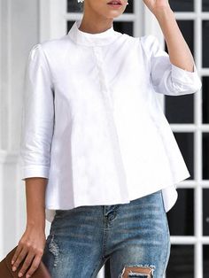 An exclusive offer for you——Affordable prices at Stylewe store, SPU: 11KBL1TDEEA, Color: White, Elasticity:No Elasticity, Style:Simple. White Jacket And Jeans Outfit, Ez Recipes, Traveling Outfits, Stand Collar Blouse, Fashion Black And White, Fun Clothing, Stand Collar Shirt, White Cotton Blouse, Fashion Stand