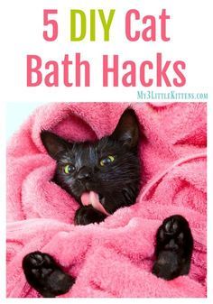 a black cat laying on top of a pink blanket with the words 5 diy cat bath hacks