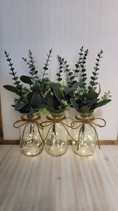 three glass vases with plants in them