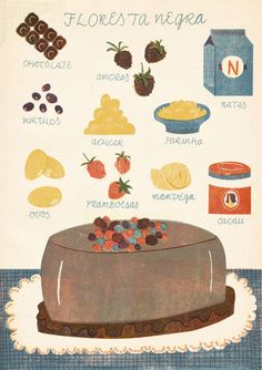 an advertisement for florets from the 1950's, with chocolate cake and fruit