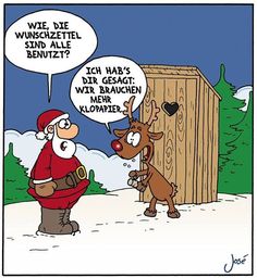 a cartoon depicting santa and his reindeer friend talking to each other in front of a shed