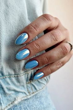 Summer Nail Pastel, Iridescent Powder Nails, Nail Shine Design, Light Bright Blue Nails, Iridescent Nails Blue, Nails Oval Shape Design, Red White And Blue Chrome Nails