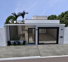 an image of a modern style house with two garage doors and palm trees in the background