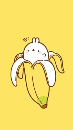 a drawing of a banana with a bunny in it's head on a yellow background