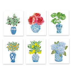 six watercolor paintings of flowers in vases