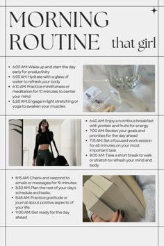 Discover the secrets to a productive morning with this ritual! Begin with hydration and light exercise to boost energy levels. Practice mindfulness to sharpen focus and clarity. Enjoy a nutritious breakfast to fuel your mind and body. Dive into focused work sessions punctuated by brief breaks for rejuvenation. Plan your day strategically and reflect on achievements. This routine sets you up for a day of productivity and accomplishment! 🍵💻💪 Morning Routine For Productivity, Daily Wellness Routine, Morning Rituals Daily Routines, Plan Your New Era, Healthy Routines For Women, Routine For Working Women, Productive Morning Routine Aesthetic, Women Morning Routine, Morning Routine Work