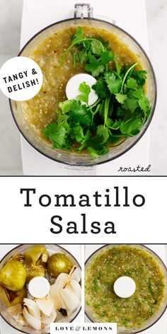 the ingredients for tomatillo salsa in a food processor