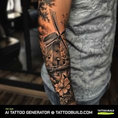 a man's arm with a windmill and flowers tattoo on the left sleeve,