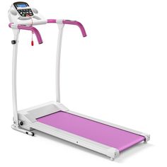 a pink treadmill on a white background with a calculator next to it