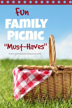 a picnic basket sitting in the grass with text overlay reading fun family picnic must - haves