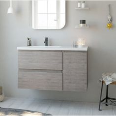 a bathroom with a sink, mirror and stool next to the wall in front of it