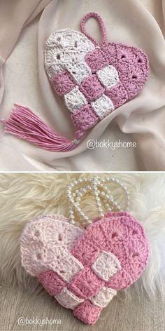 crocheted heart shaped purses are shown in two different colors