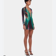 Heatwave Dress In Color Bird Of Paradise. New With Tags Multicolor Mini Dress For Cocktail, Multicolor Cocktail Mini Dress, Multicolor Mini Dress For Cocktail Parties, Designer Fitted V-neck Dress, Elegant Multicolor Dresses For Night Out, Fitted V-neck Designer Dress, Elegant Multicolor Mini Dress For Date Night, Multicolor Fitted Bodycon Dress For Evening, Designer Mini Length Party Dresses