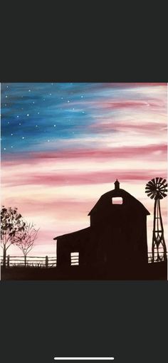 a painting of a barn with a windmill in the foreground and a night sky behind it