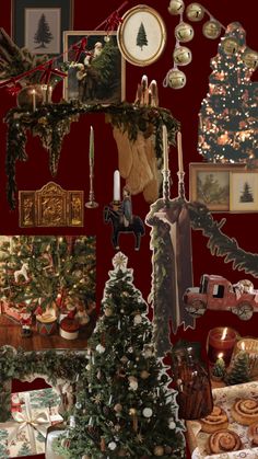 a collage of christmas decorations and pictures on a red wall above a decorated table