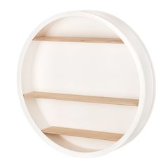 a white shelf with two wooden shelves in the shape of a circle, on a white background