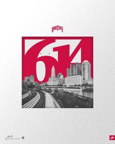 a red and white poster with the number 544 in front of a cityscape