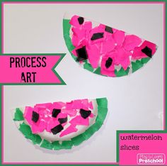 two pieces of paper that have been made to look like watermelon slices