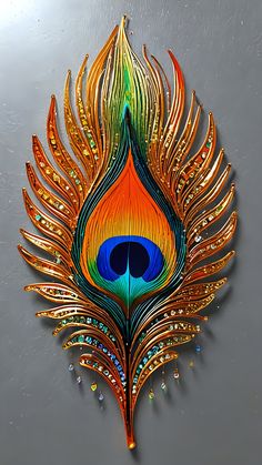 a colorful peacock feather is hanging on the side of a metal wall mounted plaque,