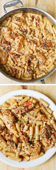 two pictures showing different types of pasta in a pan with sauce and seasoning on top