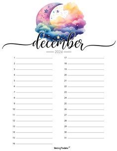 the december calendar with watercolor clouds and stars on it, in black lettering that reads'december '