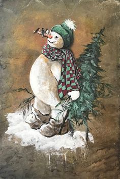 a painting of a snowman wearing a green hat and scarf