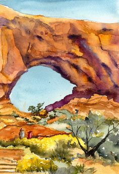 a watercolor painting of a cave in the desert