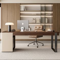 an office area with a desk, chair and bookshelf