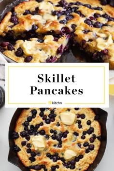 skillet pancakes with blueberries and butter on top are shown in this collage