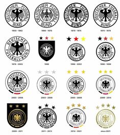 the emblems for different countries are shown in black and white, with gold stars