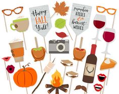 an assortment of fall photo props including wine glasses, pumpkins and other items for the party