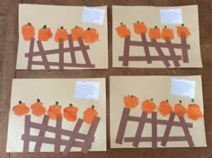 four pieces of paper cut out to look like pumpkins on a wooden fence with words written in them