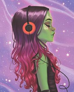 a painting of a girl with headphones in her hair and stars on the background