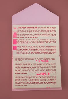 two pieces of pink and white paper on top of each other with words written in red