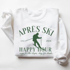 Après Ski Sweatshirt  I love to help my customers with custom orders! Please add you personalization request in the box when you check out or feel free to send me a message! I will get back to you promptly. This sweatshirt has a unisex fit. Please review the size chart in the images before you place your order. If you have any questions about sizing, I would be happy to help! If you don't see the specific color that you are looking for, please message me and I will get back to you quickly. PRODU Apres Ski Sweater, Ski Sweatshirt, Ski Shirts, Ski Club, Ski Sweater, St Moritz, Club Sweatshirts, Ski Fashion, Aspen