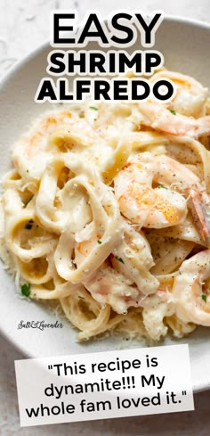 the recipe for easy shrimp alfredo is shown on a white plate with an advertise