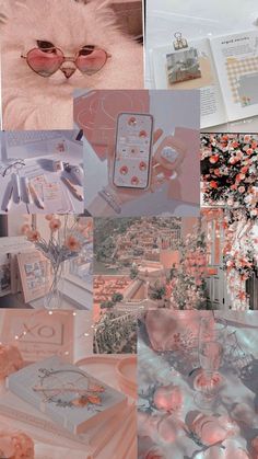 a collage of pink and grey images