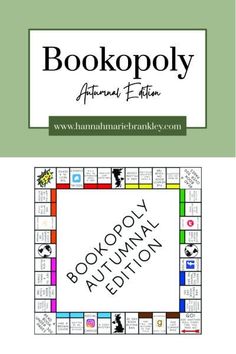 the bookopy board game is shown in two different colors and font, with an image