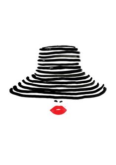 a woman's hat with black and white stripes on the top, red lips