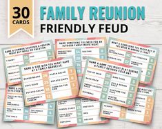 family reunion cards with the words, friends and families on them are stacked in front of each other