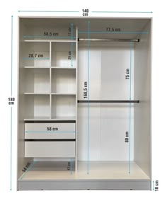 the measurements for an open closet with drawers and shelving unit in white, including two shelves