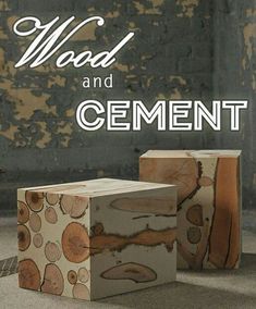 two wooden blocks sitting next to each other on top of a carpeted floor with the words wood and cement written above them