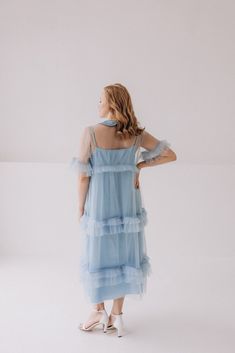 Introducing our stylish and versatile cocktail dress. It features a loose and romantic cut, perfect for any occasion. The dress consists of two parts: a combination of an adjustable-strap underdress and a soft tulle overlay adorned with elegant ruffles. It's ideal for birthday, weddings, or any special event. With its midi length and convenient button closure at the back, it offers both comfort and style. Made from a body-friendly viscose fabric, making it a practical choice for everyday wear. Blue Baby Shower Dress, Dress For Baby Shower, Cocktail Dress Blue, Baby Shower Blue, Maternity Dresses For Baby Shower, Dress For Baby, Baby Shower Dresses, Blue Baby Shower, Soft Tulle