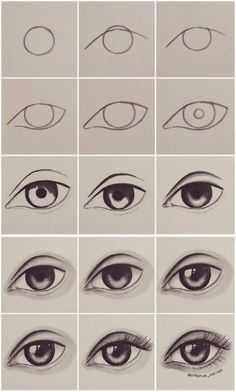 the steps to draw an eye with different angles and shapes for each individual's eyes