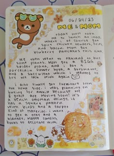 an open children's book with writing on the page and cartoon characters drawn in it